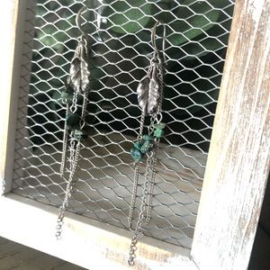 🍃 Silver and Turquoise Boho Leaf Earrings 🍃